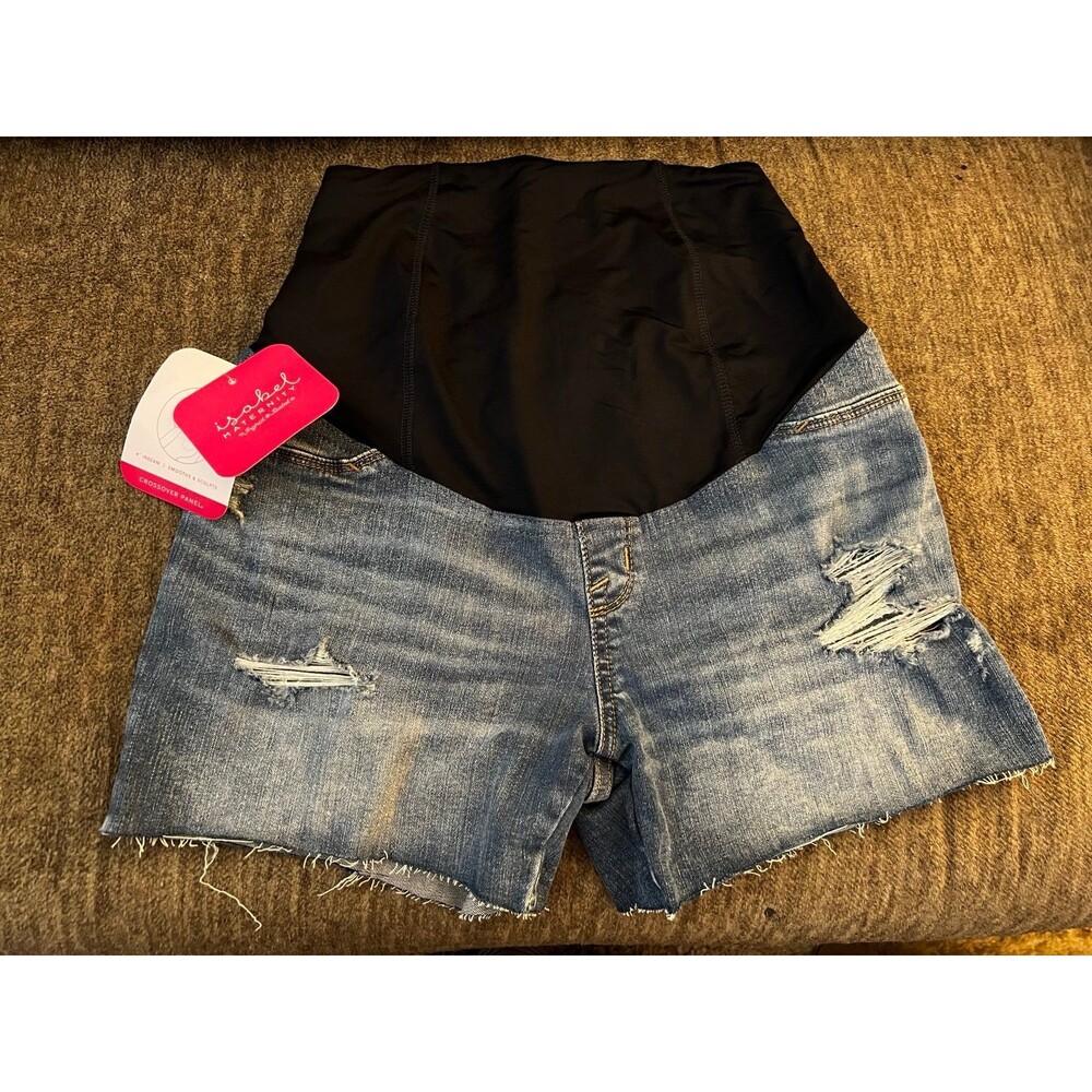 Isabel Maternity Crossover Panel Distressed Midi Jean Shorts NWT Size 2